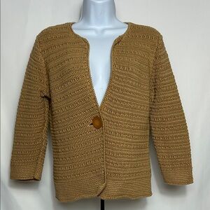 Jones New York Women’s Size Medium Tight Knit Woven Tan One Button Cardigan
